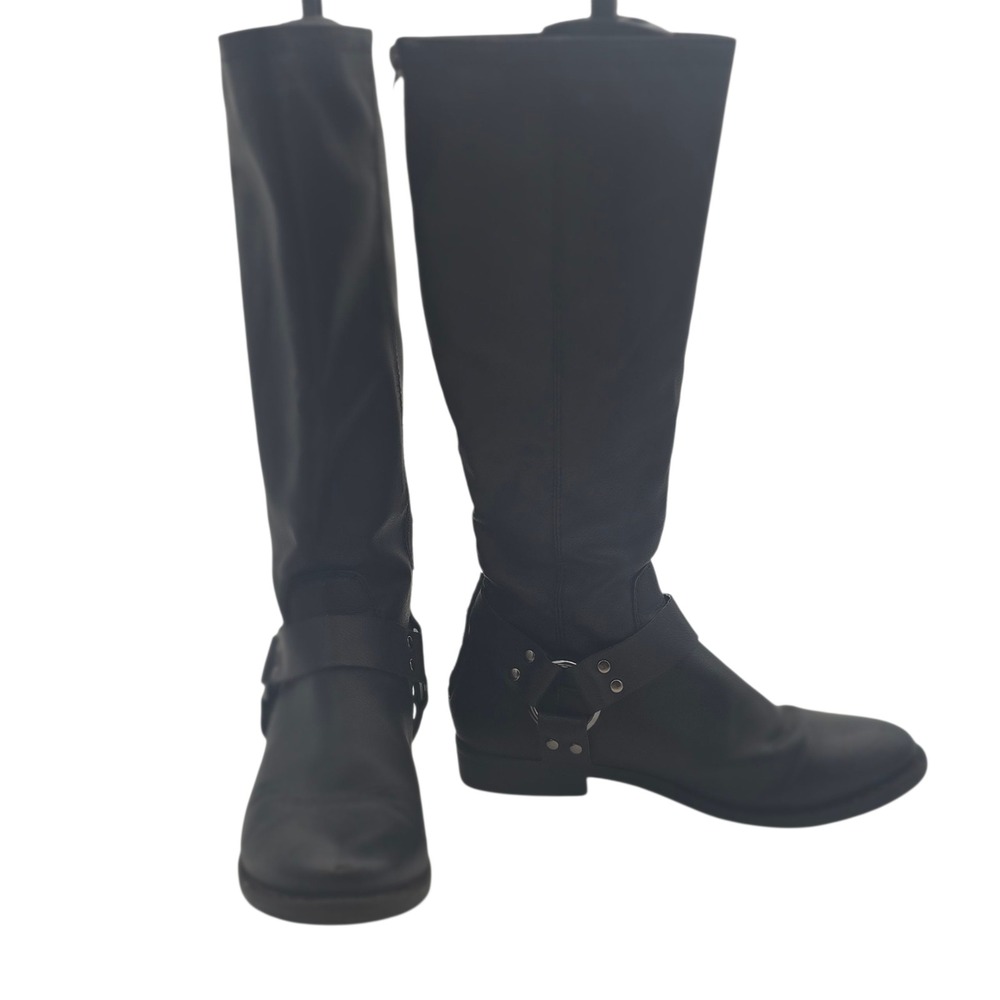 Black‎ Moto Harness Riding Boots Tall Zip Vegan Leather Biker Street 7 Grunge